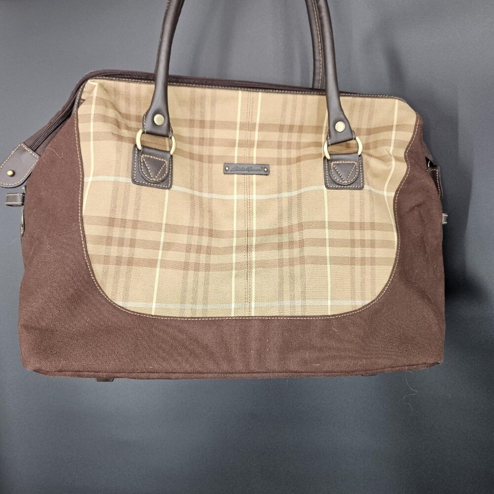 Eddie Bauer Brown Plaid 18" Overnight Weekender Bag Soft Travel Tote Carry On - Picture 2 of 14